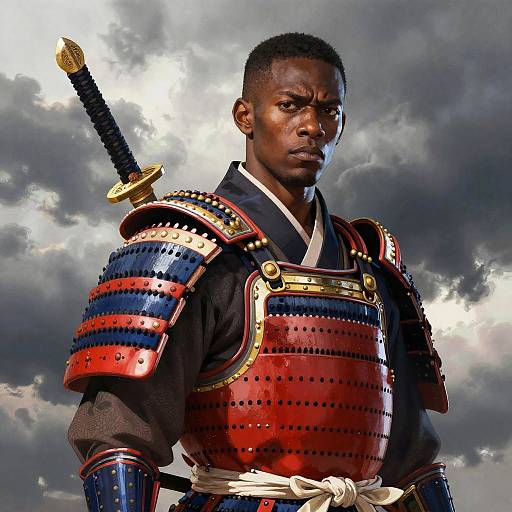 Man in Traditional Japanese Samurai Armor with Katana