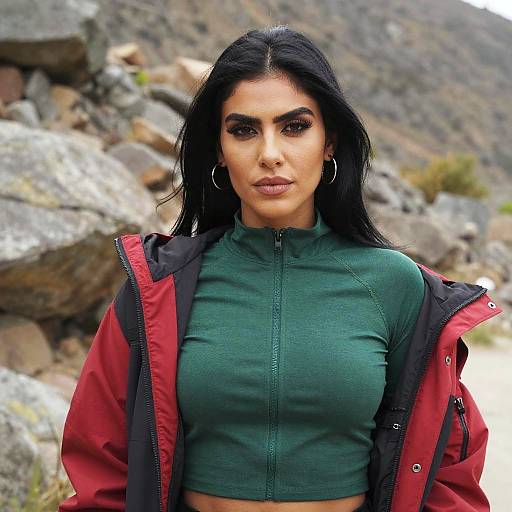 Portrait of Woman in Green Zip-up Top and Red Jacket Outdoors
