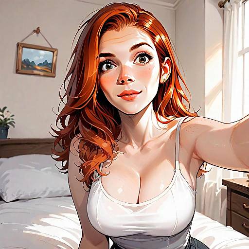 Red-Haired Woman Taking Selfie in Sunlit Bedroom Digital Illustration