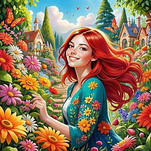 Smiling Woman in Colorful Garden