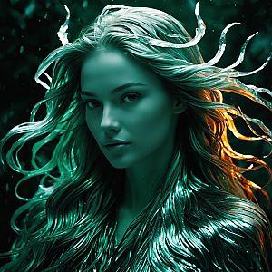Hyper-Realistic Futuristic Woman with Liquid Glass Hair in Teal and Orange Lighting