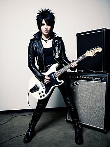 Woman in Joan Jett Outfit Full Body Cosplay with Electric Guitar