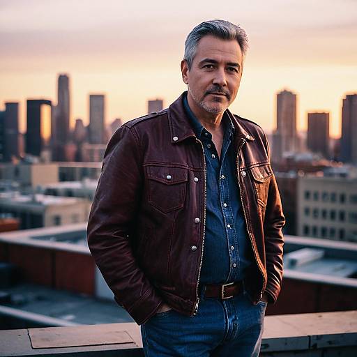 Confident Mature Man in Leather Jacket on Rooftop with City Skyline at Sunset