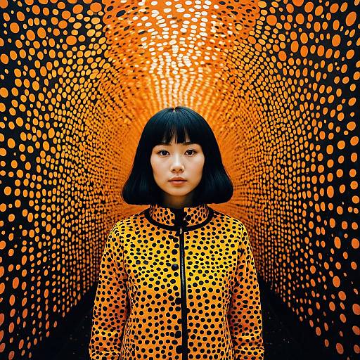 Woman in Polka Dot Tunnel Wearing Matching Orange Black Jacket