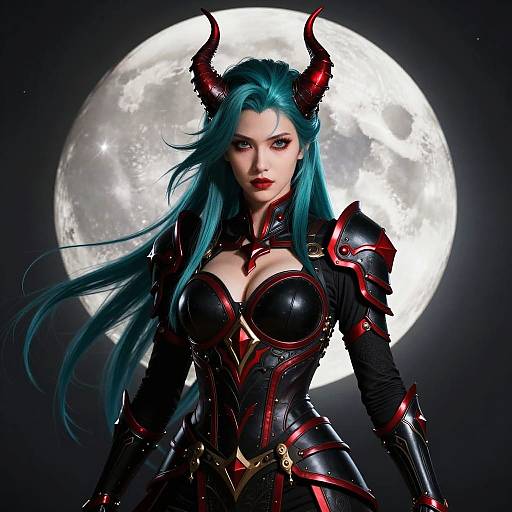 Fantasy Woman in Red and Black Armor with Teal Hair and Horns Against Full Moon