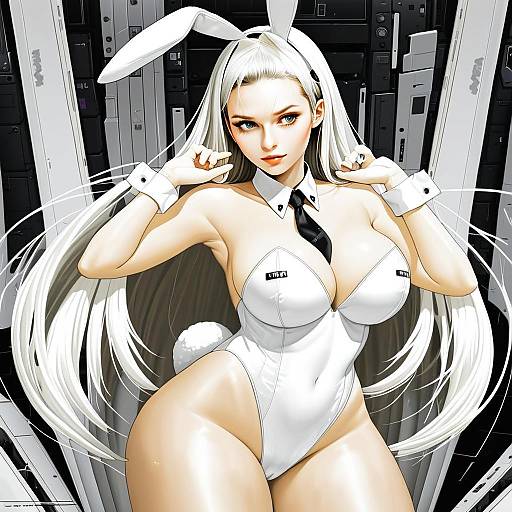 Anime Woman in White Bunny Suit with Long Platinum Hair - Blanc Nikke Style
