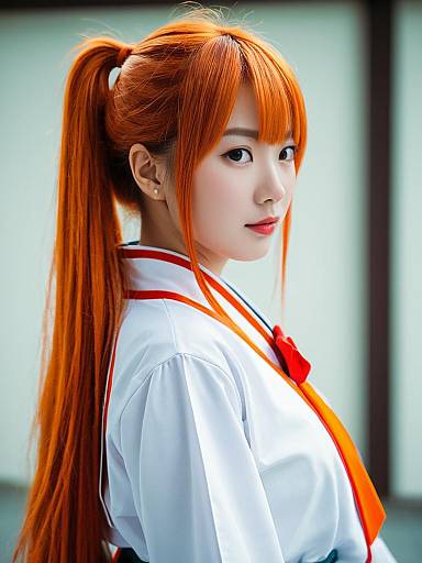 Woman with Long Orange Hair in Japanese School Uniform Style