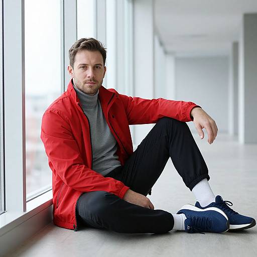 Man Sitting Indoors by Window Wearing Red Jacket and Blue Sneakers