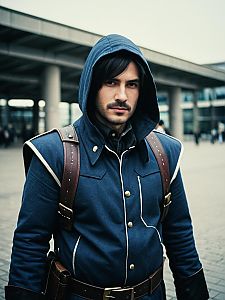 Man Wearing Anya Forger Cosplay Blue Hooded Jacket with Leather Details