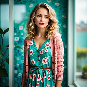 Stylish Woman in Floral Wallpaper
