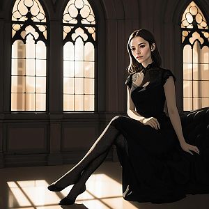 Elegant Woman in Black Dress by Gothic Windows