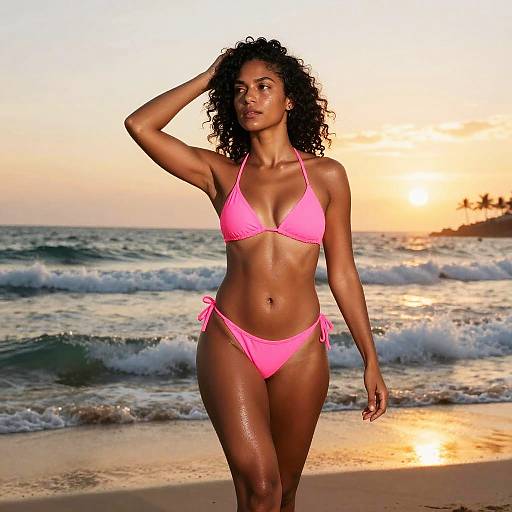 Gen Z Woman in Pink Bikini on Beach at Sunset