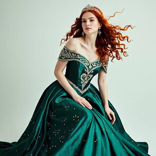 Elegant Red-Haired Woman in Emerald Green Embroidered Ball Gown