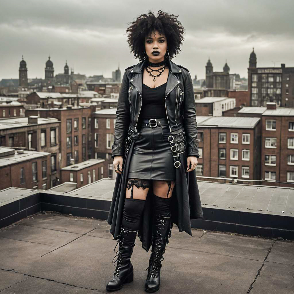 Gothic Woman in Black Leather Outfit on Urban Rooftop