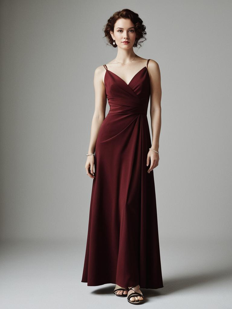 Elegant Woman in Floor-Length Burgundy Evening Gown with Classic Silhouette