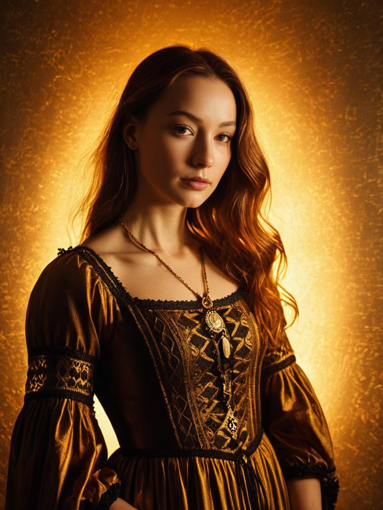 Woman in Vintage Embroidered Dress with Puffed Sleeves Against Golden Background