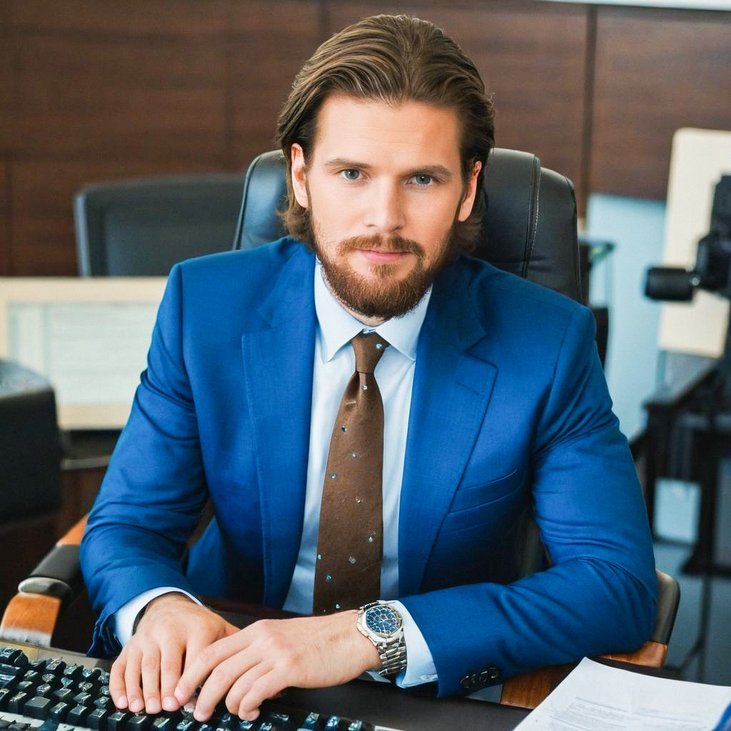 Confident man in blue suit at office desk