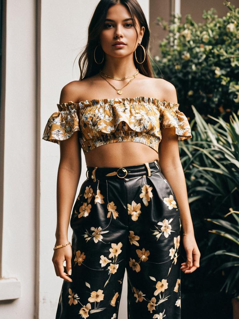 Stylish Woman Wearing Floral Off-Shoulder Crop Top and High-Waisted Pants