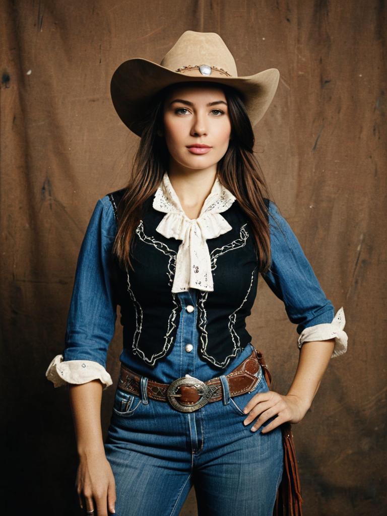 Photorealistic Studio Portrait of Woman in Traditional Cowgirl Costume with Rustic Background