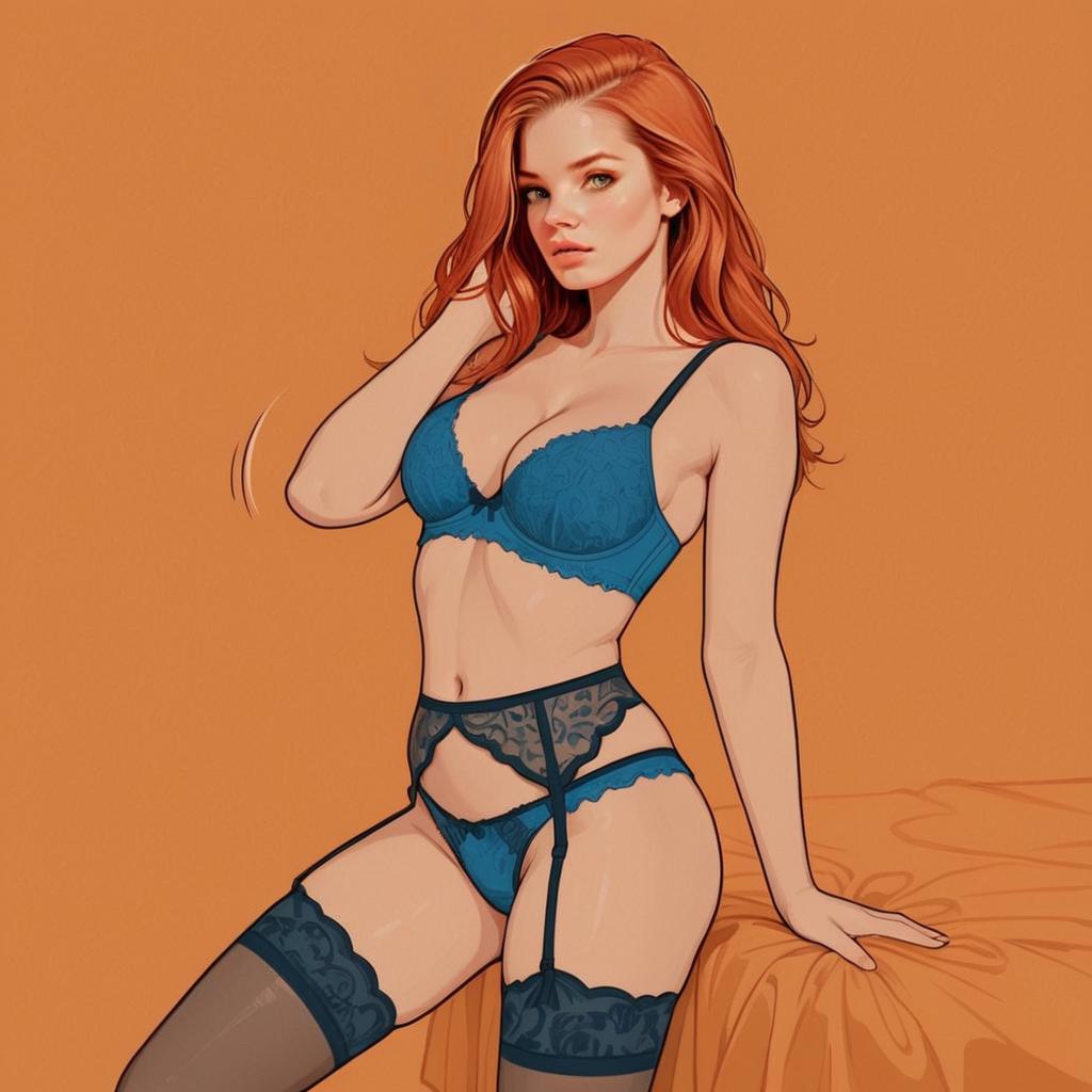 Red-Haired Woman in Blue Lingerie Digital Illustration on Orange Background