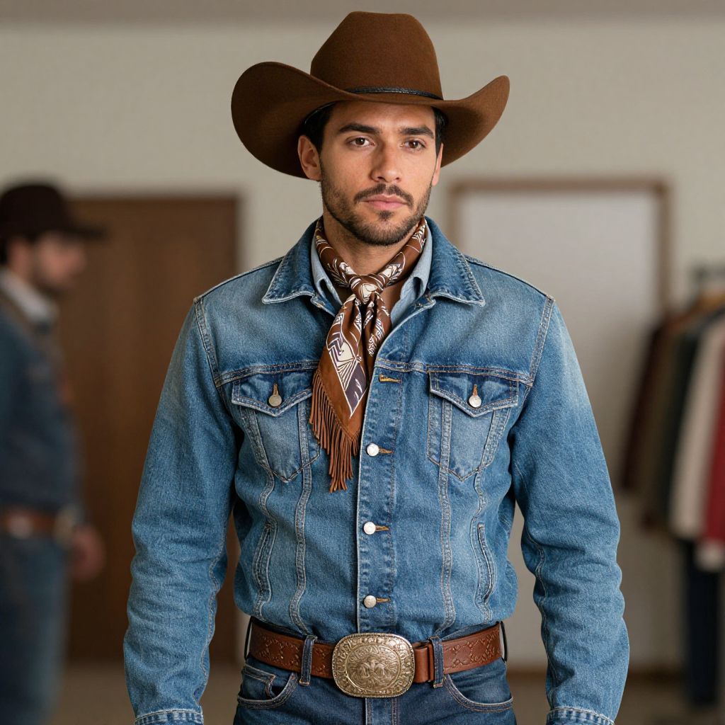 Western Cowboy Man Wearing Denim Jacket and Cowboy Hat
