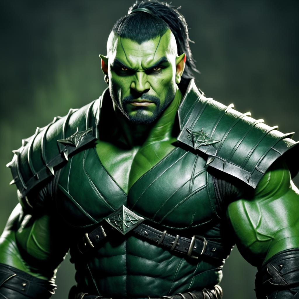 Muscular Superhero with Green Skin and Armor