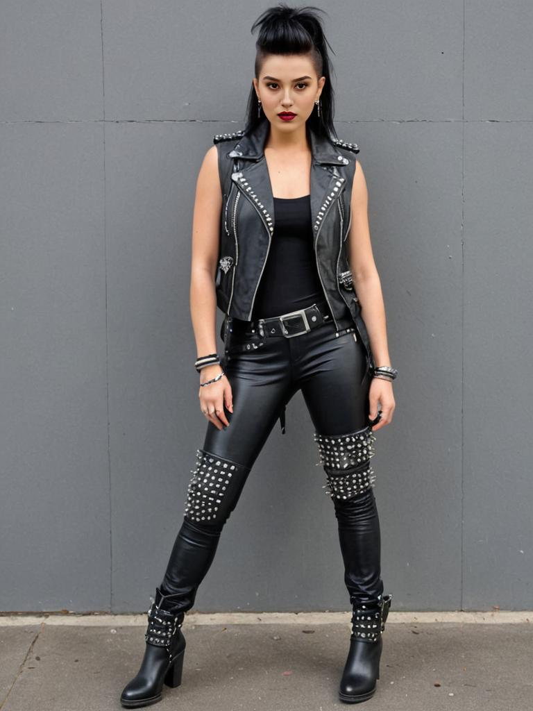 Confident Woman in Edgy Black Leather Outfit