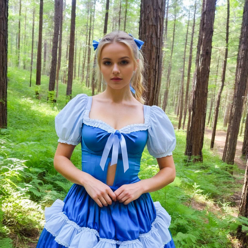 Young Woman in Blue Satin Dress in Enchanted Forest Young Woman in Blue Satin Dress in Enchanted Forest