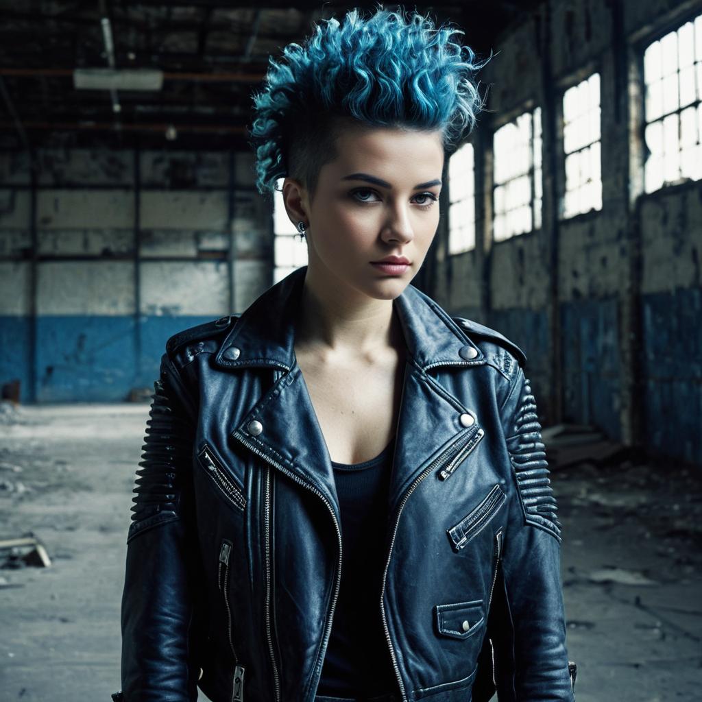 Young Woman with Blue Mohawk in Leather Jacket in Urban Industrial Setting