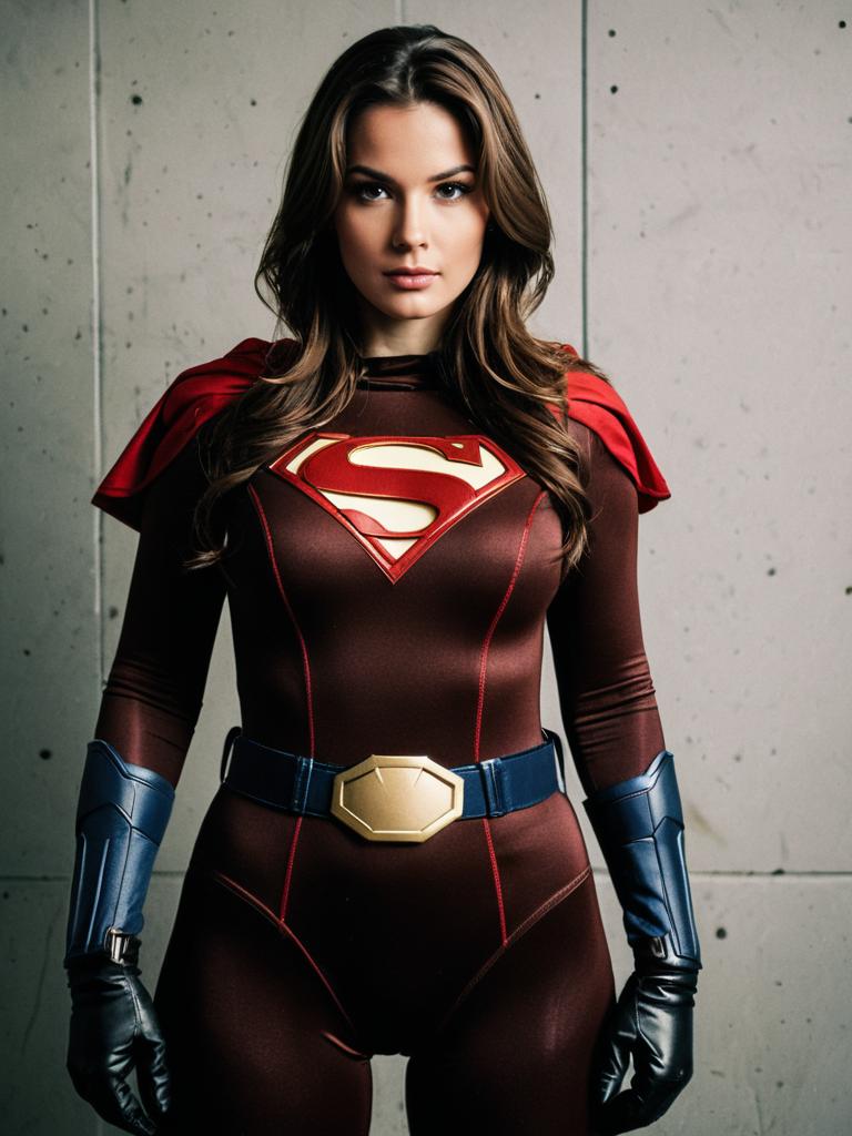 Woman in Detailed Supergirl Costume Bodysuit with Red Cape and Gloves