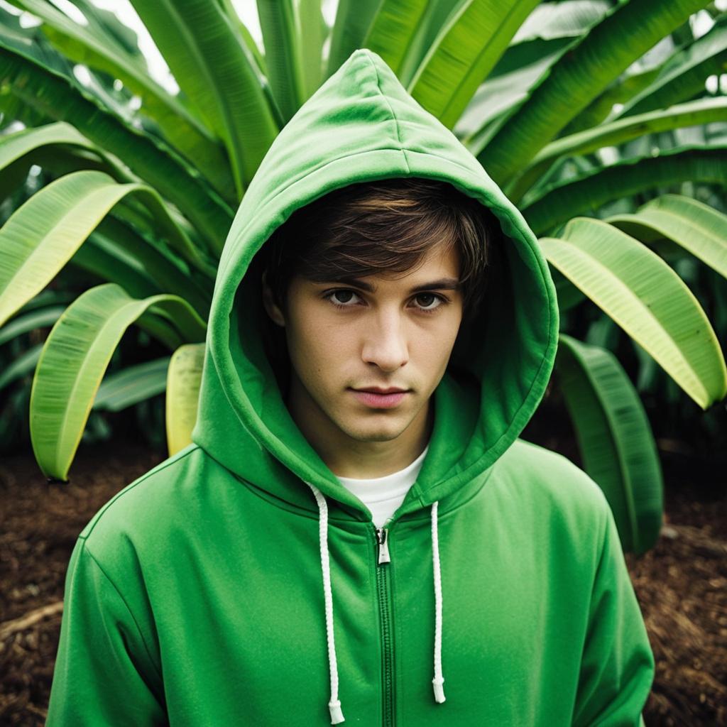 Young Man in Green Hoodie with Tropical Banana Leaves Background