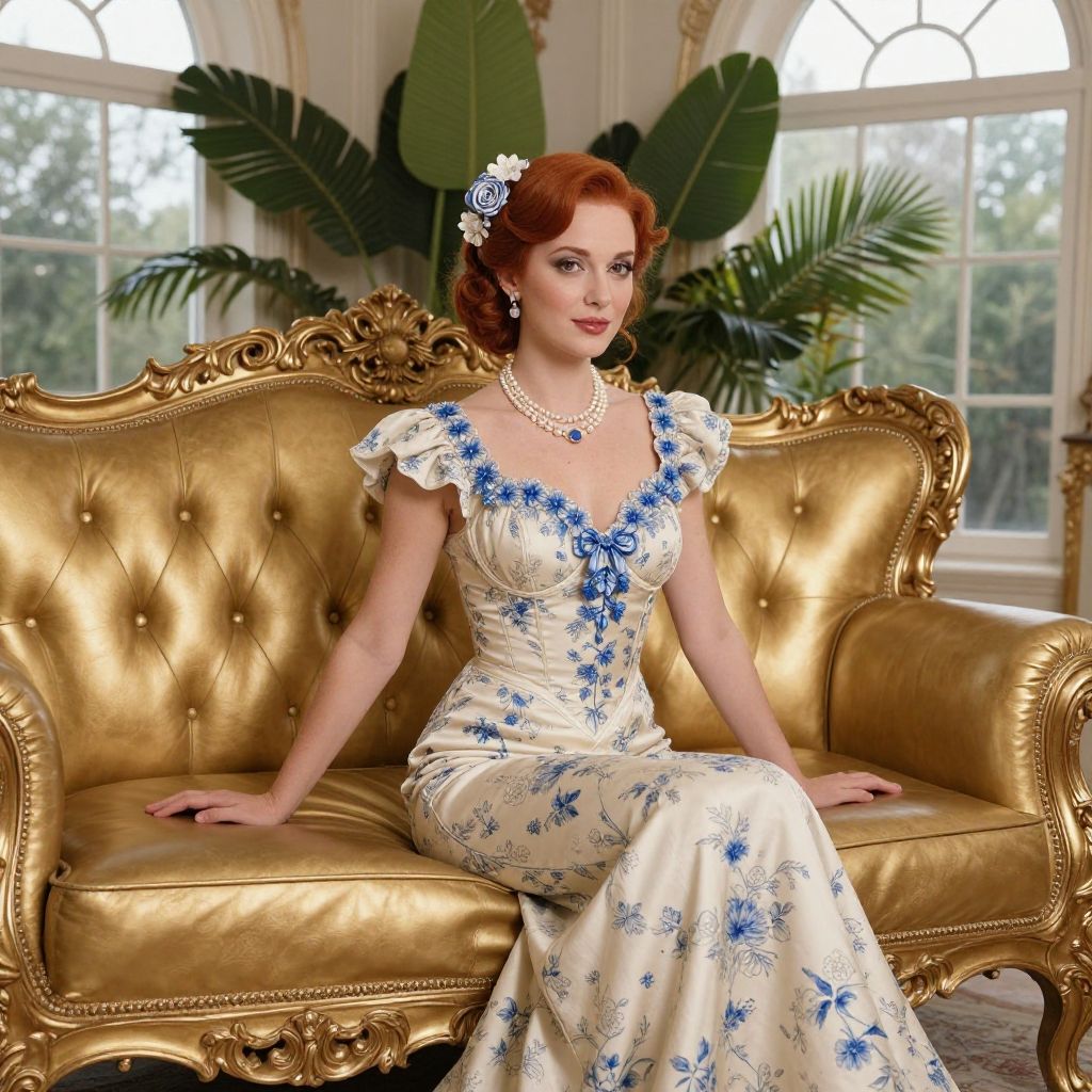 Vintage Glamour Woman in Blue Floral Mermaid Dress on Gold Sofa