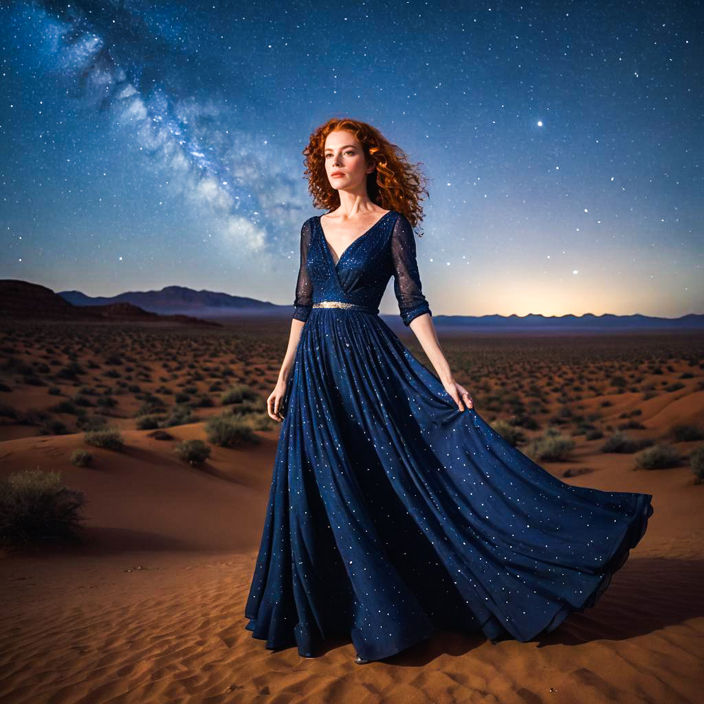 Elegant Woman in Navy Gown Under Starry Sky