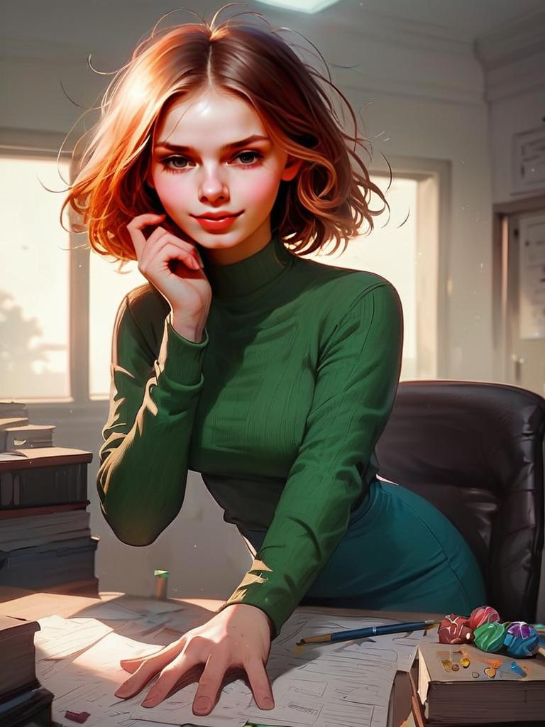 Confident Woman in Green Turtleneck at Desk Confident Woman in Green Turtleneck at Desk