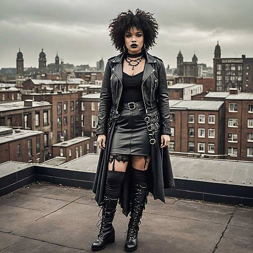 Gothic Woman in Black Leather Outfit on Urban Rooftop