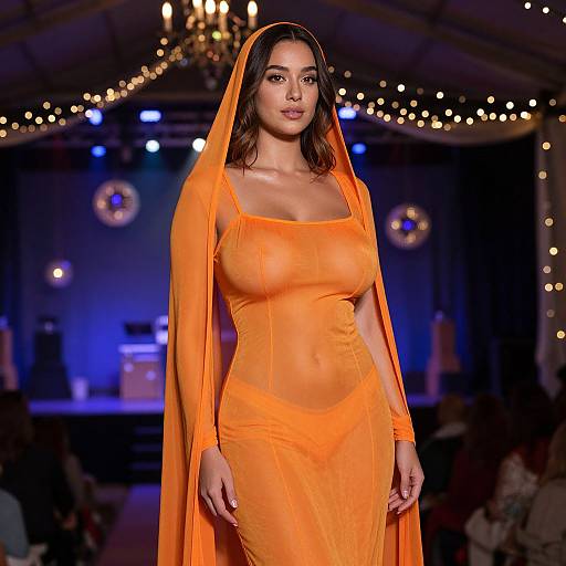 Woman in Sheer Orange Dress with Hooded Cloak on Fashion Runway