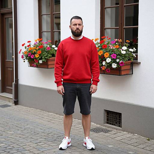 Man in Red Sweatshirt Standing on Street with Flower Boxes