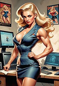 Muscular Blonde Woman in Blue Business Outfit Digital Pin-Up Art