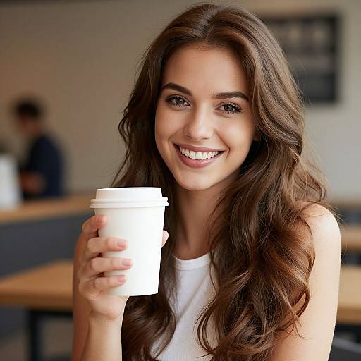 Smiling Young Woman Holding Coffee Cup in Cafe