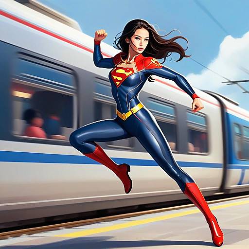 Supergirl Woman Leaping in Front of Speeding Train Digital Artwork
