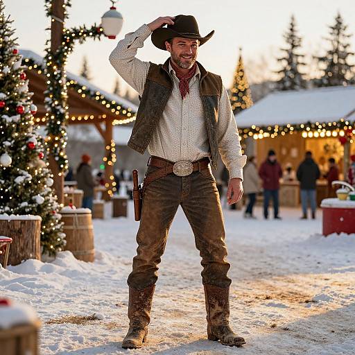 Cowboy Man in Festive Winter Christmas Market Outdoors