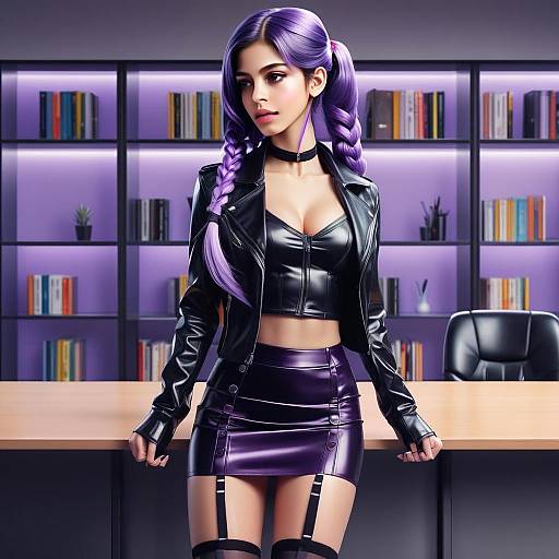Fashionable Woman with Purple Hair in Edgy Leather Outfit in Modern Office