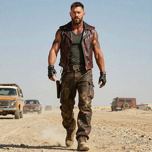 Rugged Man Walking in Desert with Leather Vest and Cargo Pants