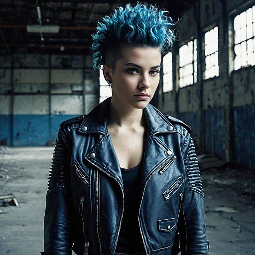 Young Woman with Blue Mohawk in Leather Jacket in Urban Industrial Setting