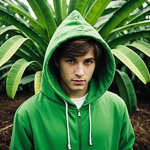 Young Man in Green Hoodie with Tropical Banana Leaves Background