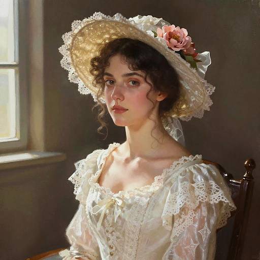 Victorian Woman in Lace Dress and Floral Straw Hat by Window