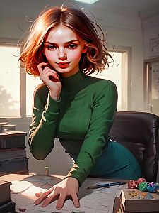 Confident Woman in Green Turtleneck at Desk