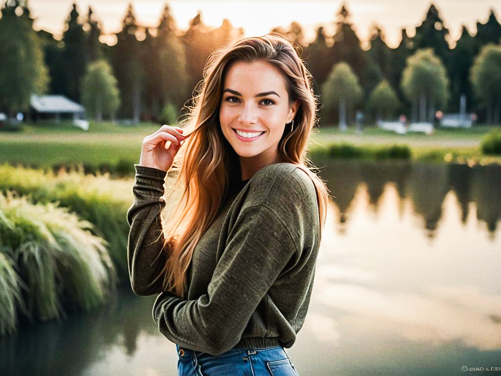 Smiling Woman by Serene Water at Sunset