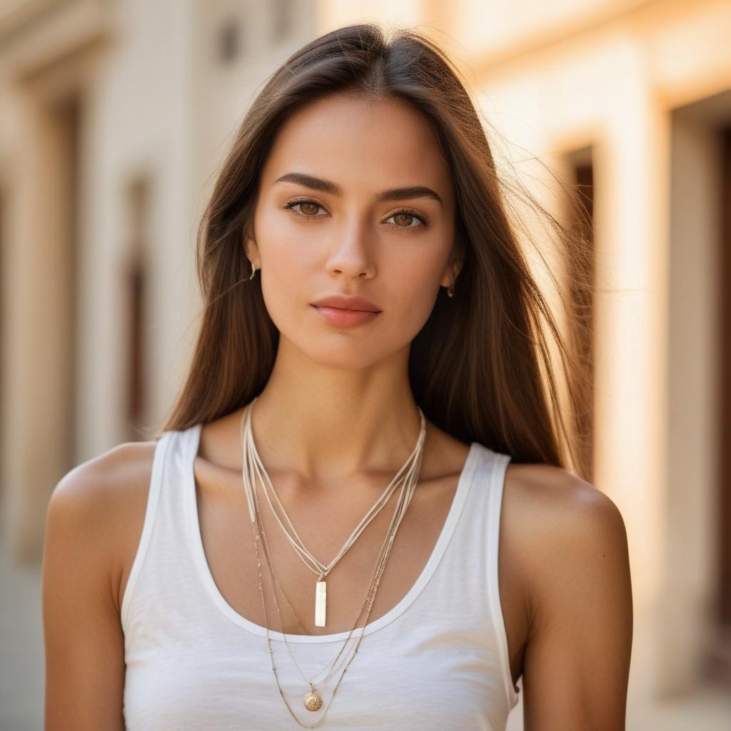 Portrait of Young Woman Wearing White Tank Top and Layered Gold Necklaces Outdoors