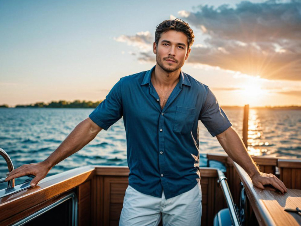 Man in nautical attire by boat's steering wheel at sunset